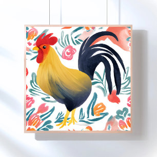 Edna the Rooster Watercolor Floral Chicken Poster