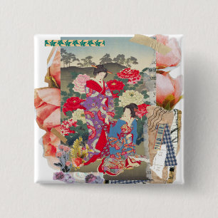 Edo Beauty & Peony Garden – Traditional Japanese 15 Cm Square Badge