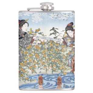 Edo Period Ukiyo-e Women Blue River Yellow Flowers Hip Flask