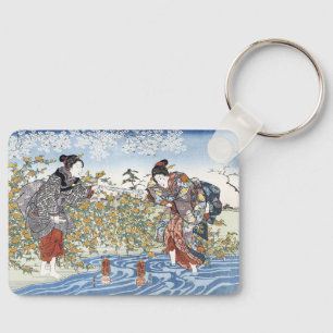 Edo Period Ukiyo-e Women Blue River Yellow Flowers Key Ring