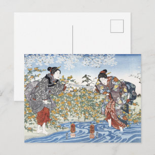 Edo Period Ukiyo-e Women Blue River Yellow Flowers Postcard