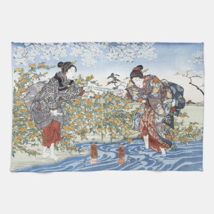 Edo Period Ukiyo-e Women Blue River Yellow Flowers Tea Towel