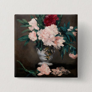 Edouard Manet - Vase of Peonies on Small Pedestal 15 Cm Square Badge