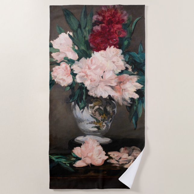 Edouard Manet - Vase of Peonies on  Small Pedestal Beach Towel (Front)
