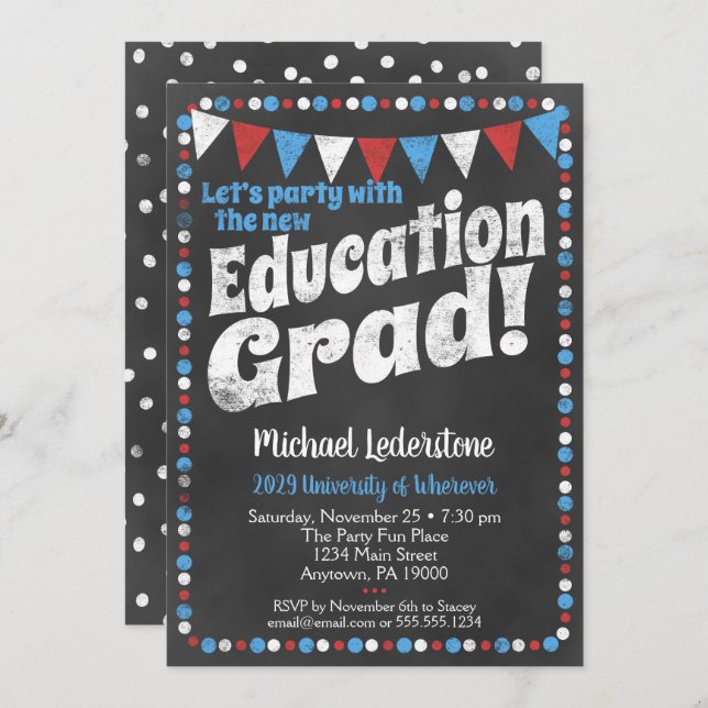 Education Graduation Party Invitation Red Blue (Front/Back)