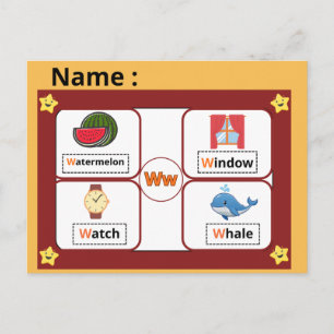 Educational Alphabet Letter W Flashcard for Kids  Postcard
