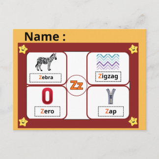 Educational Alphabet Letter Z Flashcard for Kids  Postcard