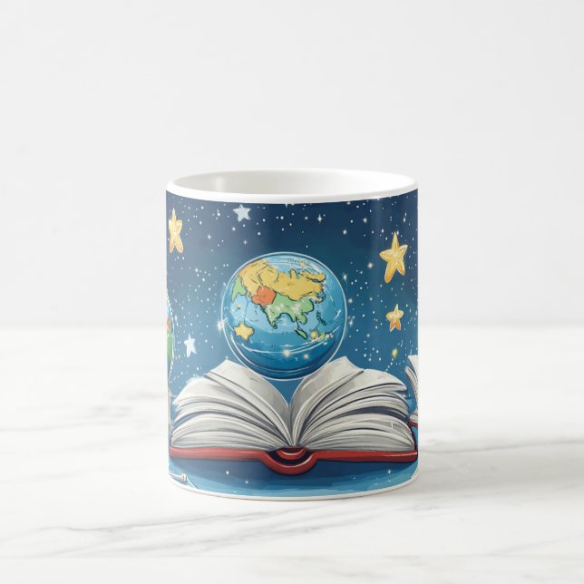 Educational concept featuring globes floating abov coffee mug (Center)