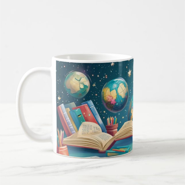 Educational concept featuring globes floating abov coffee mug (Left)