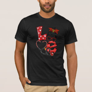 Educator Nurse Plaid Leopard Love Heart Messy Bun T-Shirt