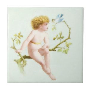Edwardian Era Blonde Baby and Bird Ceramic Tile