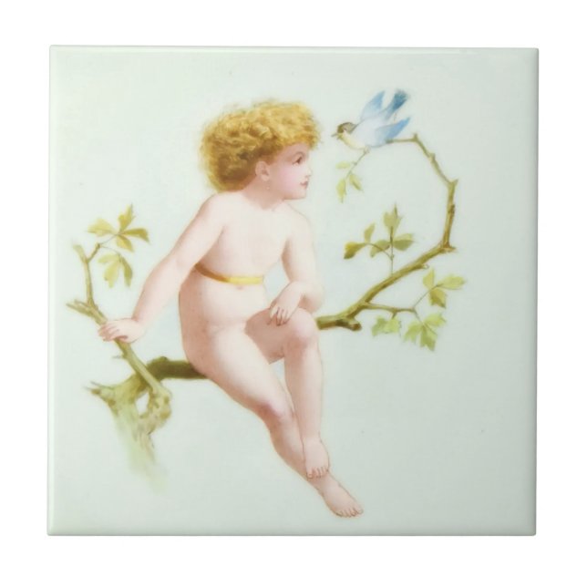 Edwardian Era Blonde Baby and Bird Ceramic Tile (Front)