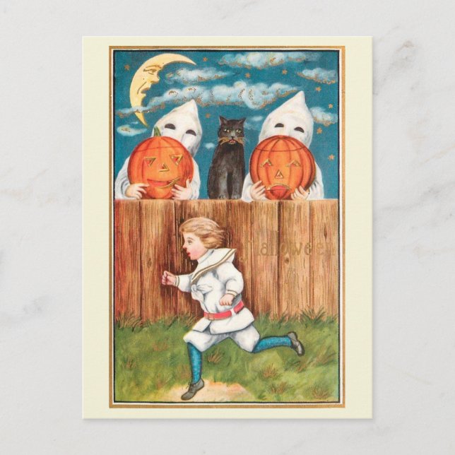 Edwardian Era Boy Running from Ghosts Halloween Postcard (Front)