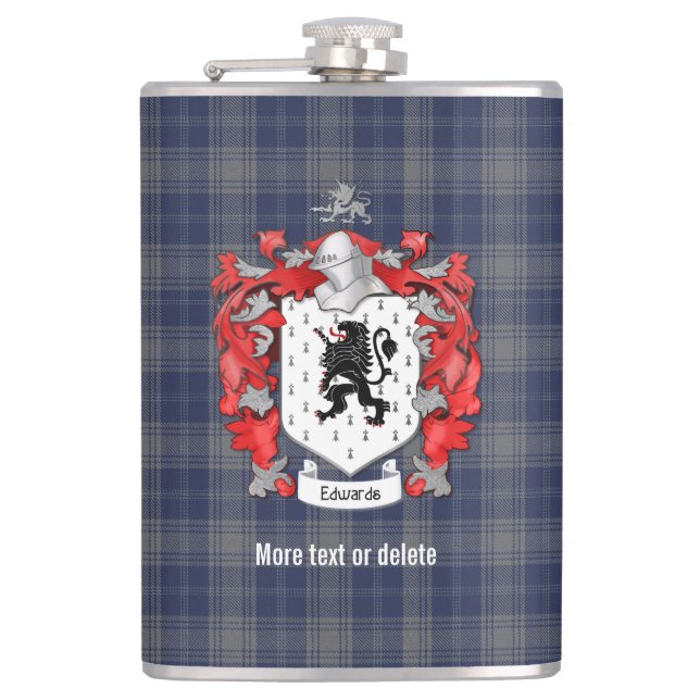 Edwards Family Crest and Tartan Plaid Hip Flask (Front)