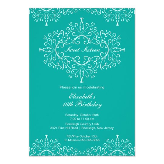 Eegant Teal Sweet Sixteen Birthday Invitation
