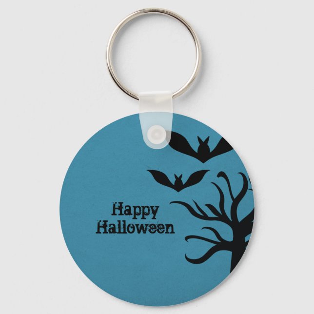 Eerie Bats Halloween Keychain, Blue Key Ring (Front)