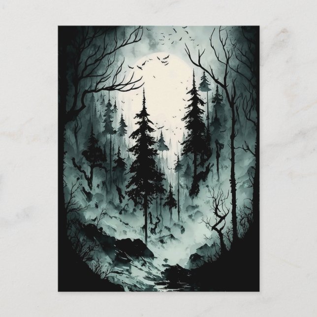 Eerie Black and White Ink Forest in Fog Postcard (Front)