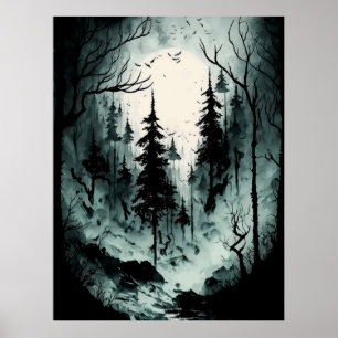 Eerie Black and White Ink Forest in Fog  Poster