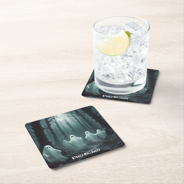 Eerie Ghosts Floating Through a Haunted Forest Square Paper Coaster (Insitu)