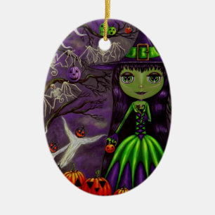 Eerie Halloween Green and Purple Witch Ornament