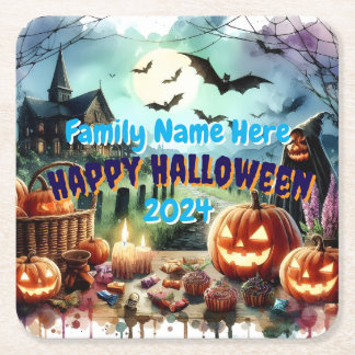 Eerie Halloween Night Watercolor Square Paper Coaster
