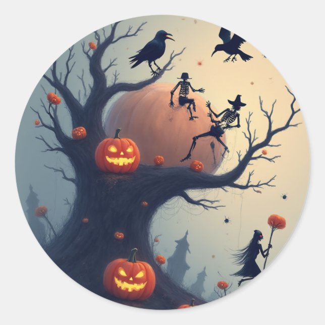 Eerie Halloween Tree Classic Round Sticker (Front)