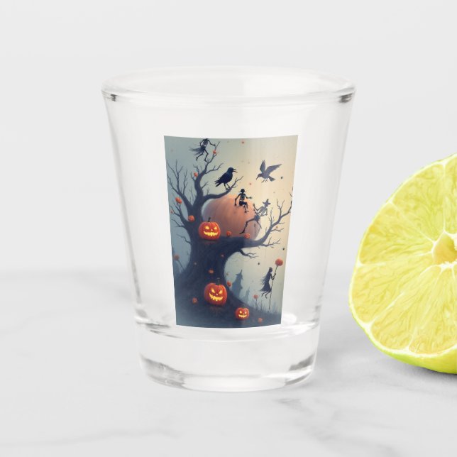 Eerie Halloween Tree Shot Glass (Front)