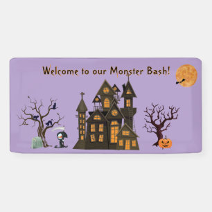 Eerie Haunted House Bats Cats Reaper Halloween Banner