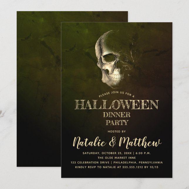 Eerie Night Skull Halloween Dinner Party Invitatio Invitation (Front/Back)