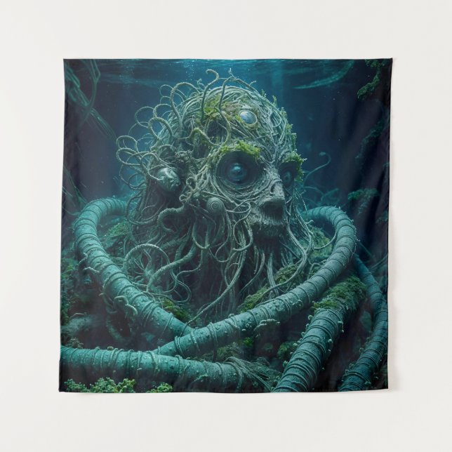 Eerie Sea Creature Entangled in Shadows Tapestry (Front)
