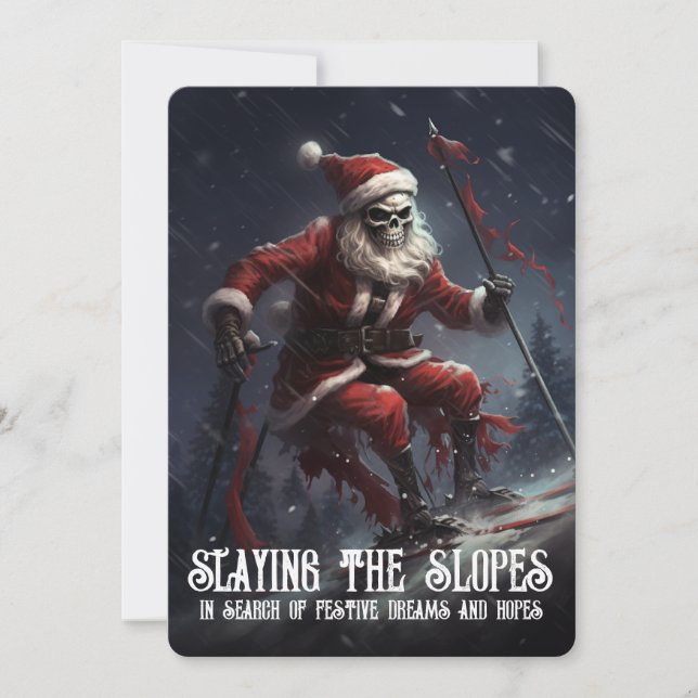 Eerie Skeleton Santa Ski Goth Macabre Christmas  Holiday Card (Front)