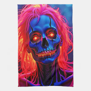 Eerie Skeleton with Pink Hair Design Tea Towel