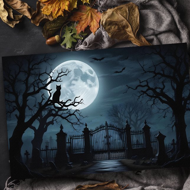 Eerie Spooky Graveyard with Full Moon & Black Cat Tissue Paper (Creator Uploaded)
