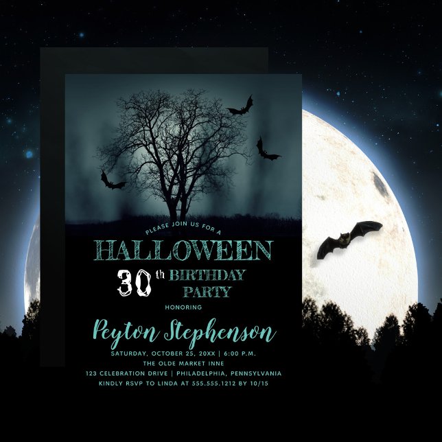 Eerie Tree Bats Halloween 30th Birthday Party Invitation (Beware the erie creepy, spooky night with bats -- Halloween-themed 30th Birthday Party design. )