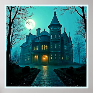 Eerie Victorian Mansion Moonlight Poster