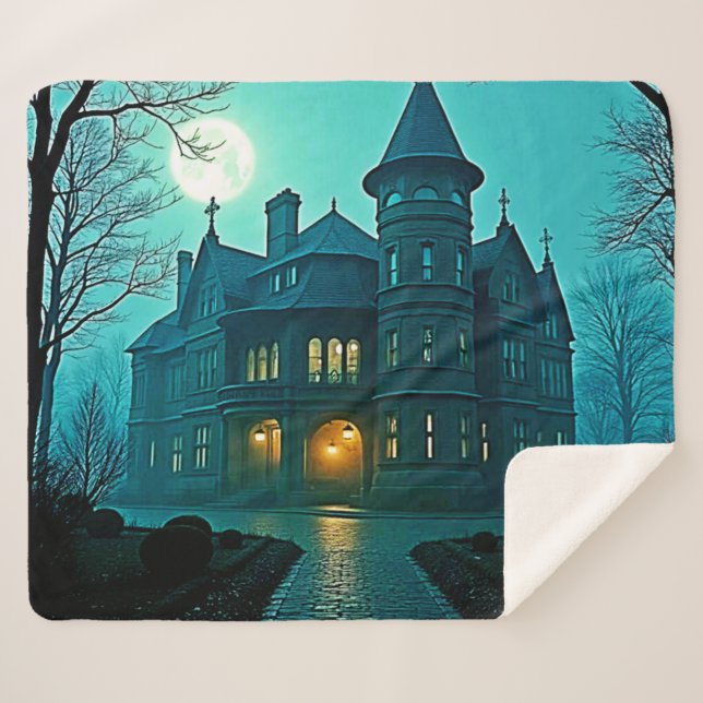 Eerie Victorian Mansion Moonlight Sherpa Blanket (Front (Horizontal))