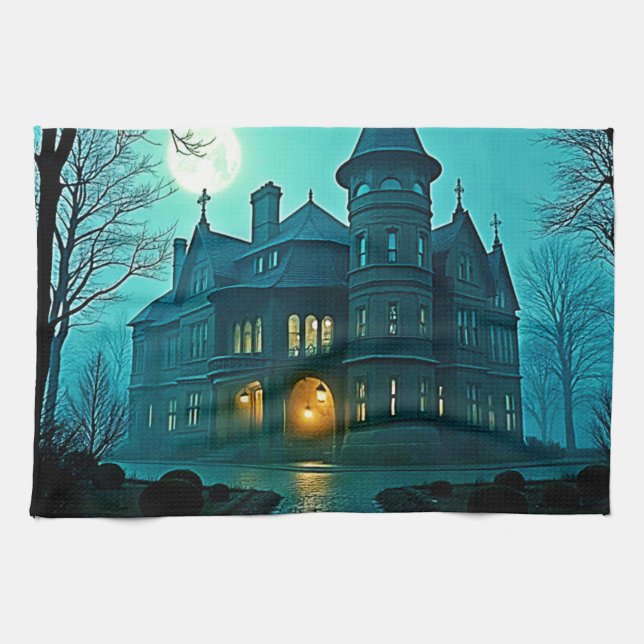 Eerie Victorian Mansion Moonlight Tea Towel (Horizontal)