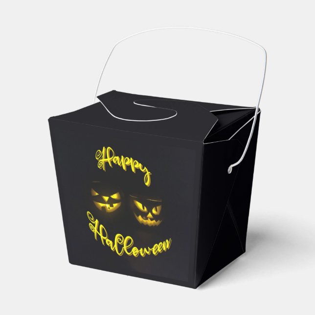 Eerie yellow print pumpkin with Happy Halloween  Favour Box (Front Side)