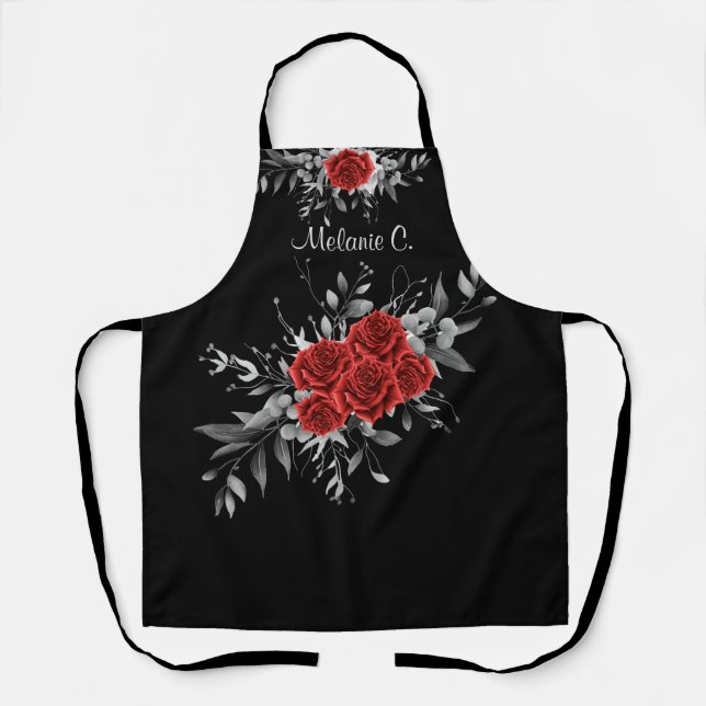 Effortless Elegance Black & White with Red Roses Apron (Front)