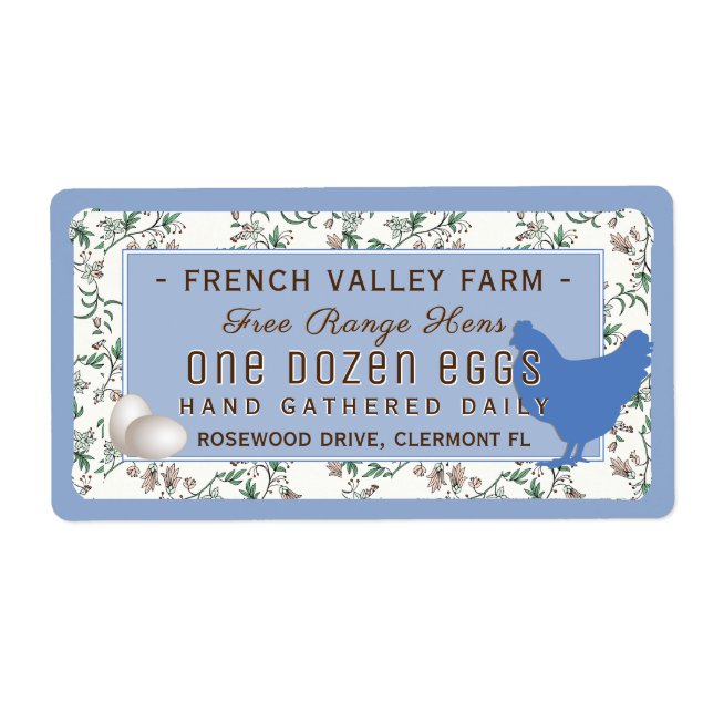 Egg Carton Label Botanical with Hen and Eggs Blue (Front)
