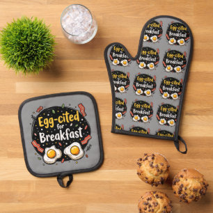 Egg-cited for Breakfast Funny Foodie Pun Design Oven Mitt & Pot Holder Set