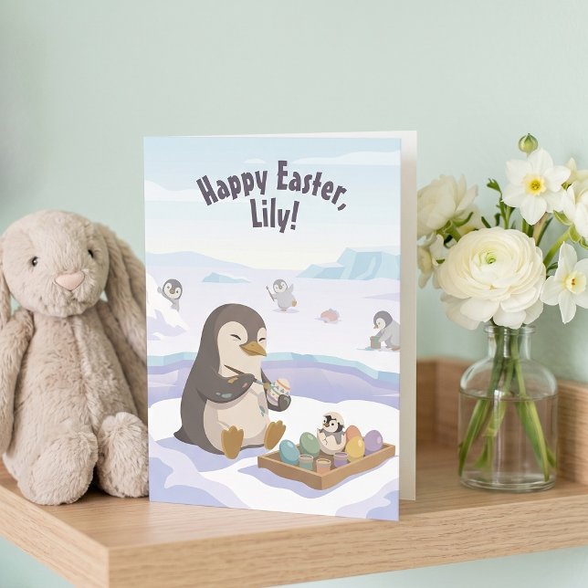 Egg Decorating Penguins | Personalised Easter Holiday Card (Lifestyle Shot)