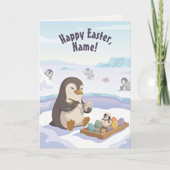 Egg Decorating Penguins | Personalised Easter Holiday Card (Front)