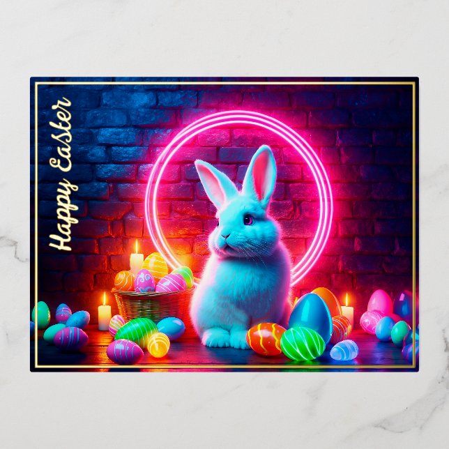 Egg Easter bunny lovely pagan elegant neon Foil Holiday Postcard (Front)