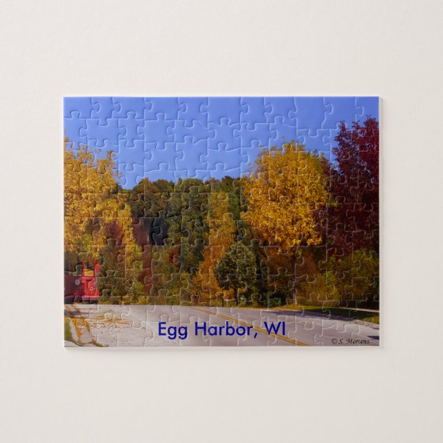 Egg Harbour, WI Fall Season with Trolley Car Jigsaw Puzzle (Horizontal)
