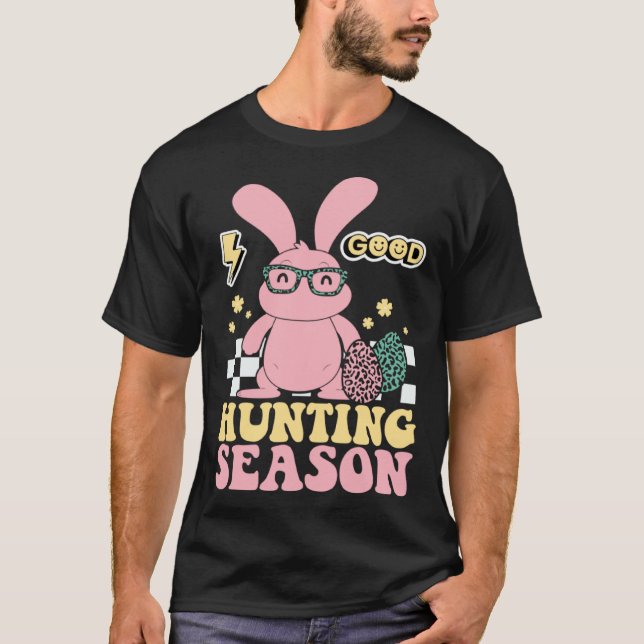 Egg Hunting Season Bunny Kids Adults Retro Groovy  T-Shirt (Front)