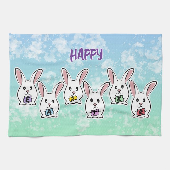 Egg Shaped Easter Rabbits Tea Towel (Horizontal)
