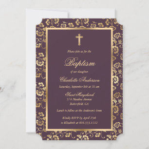 Eggplant and Gold Cross Script Floral Baptism Invitation