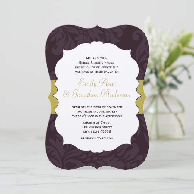 Eggplant and Golden Chartreuse Damask Wedding  Invitation (Standing Front)