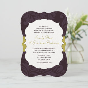 Eggplant and Golden Chartreuse Damask Wedding Invitation